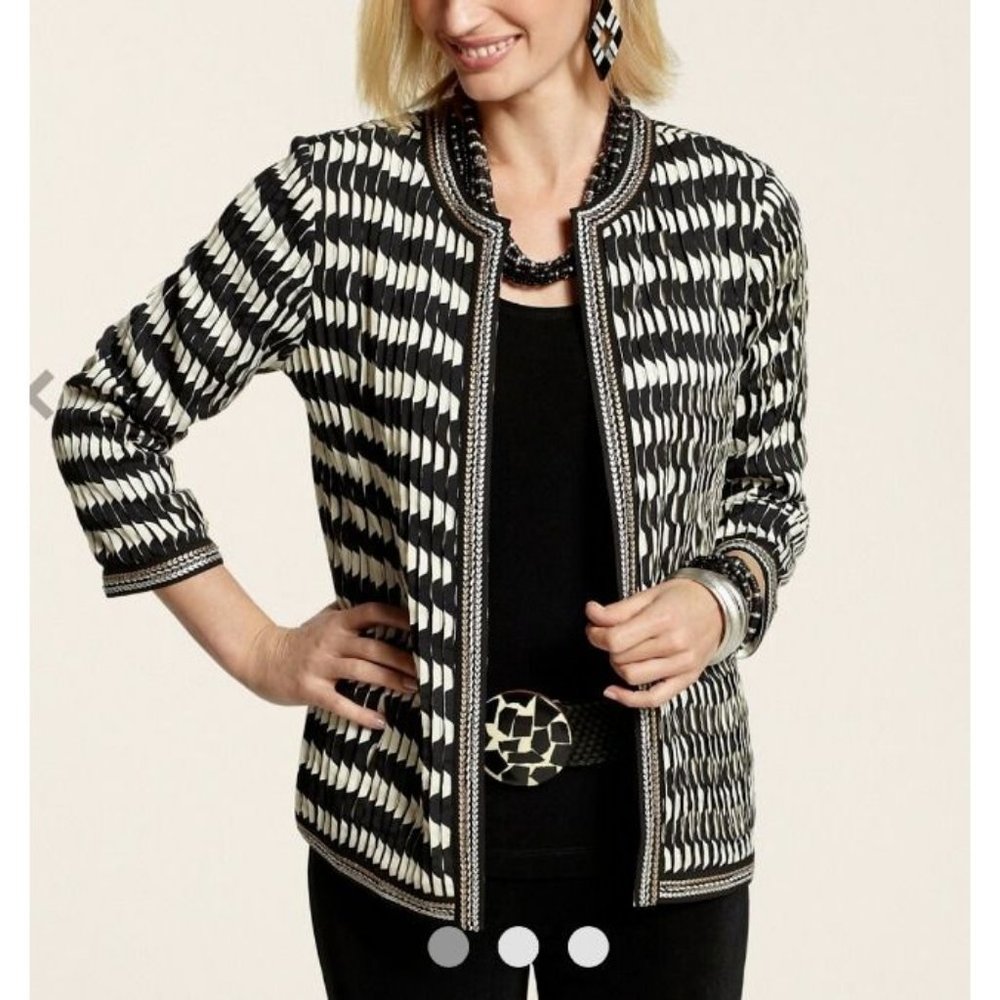 Chico's Pleated Darby Suit Jacket Blazer 2 Large Black White Gold